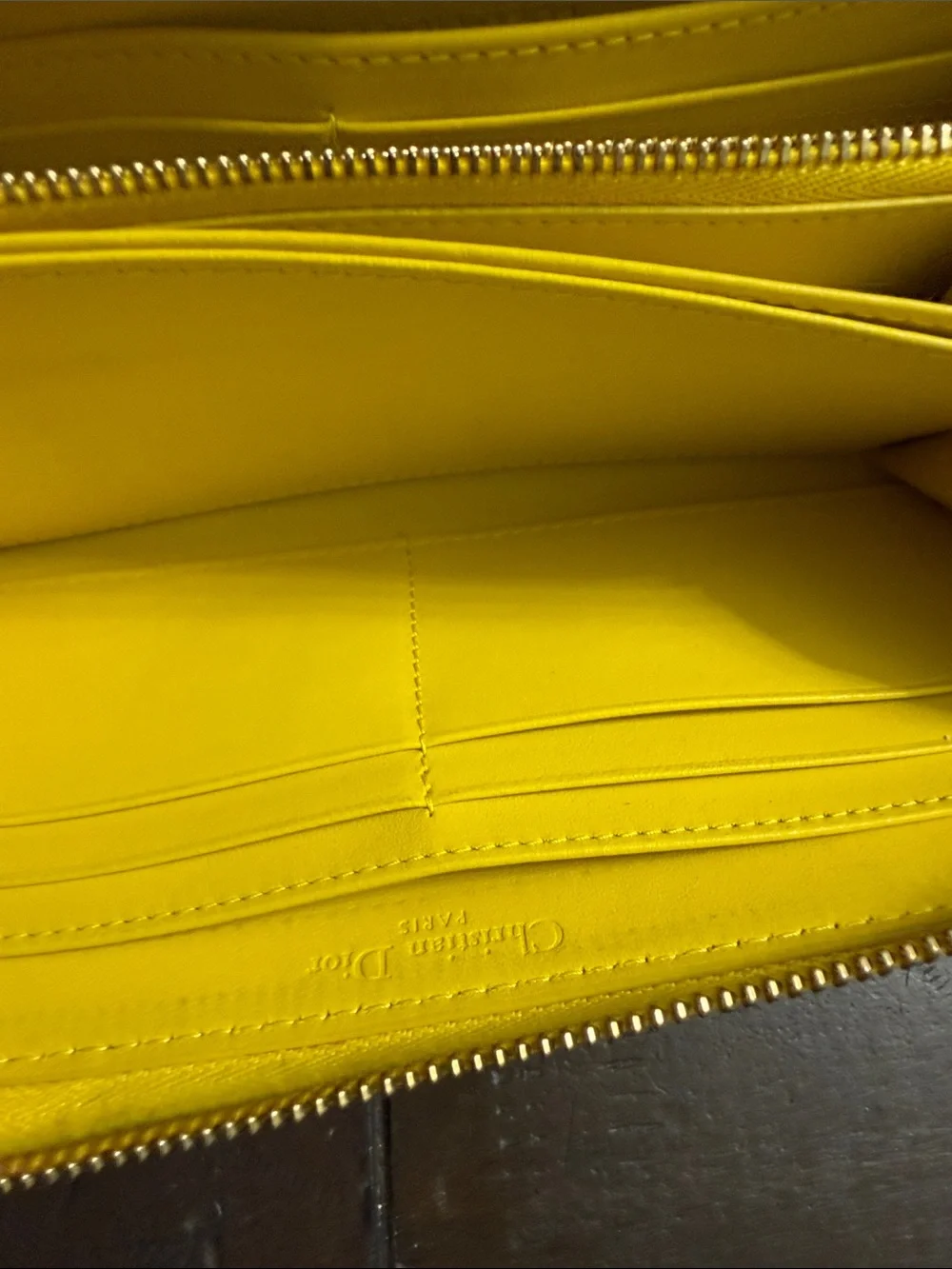Dior Yellow Quilted Zip Wallet with Gold Hardware